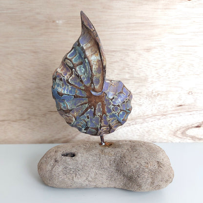Decorative handmade and painted wooden shell sculpture on a wooden base with a wooden background