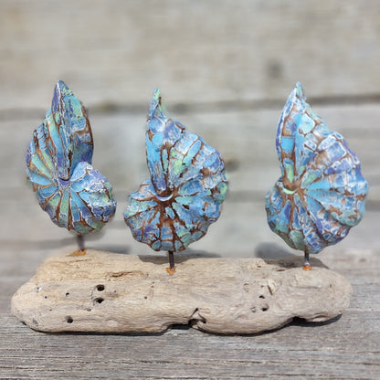 Three blue and brown wooden shells on a piece of driftwood with a wooden background.