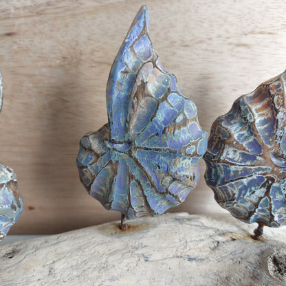 Decorative handmade wooden shells mounted on a driftwood base on a wooden surface