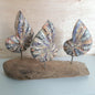 A wooden ornament of 3 shells on a wooden base with a wooden background