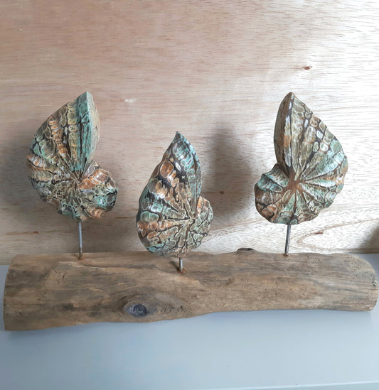 Three colourful shell sculptures on a wooden stand against a light wood background