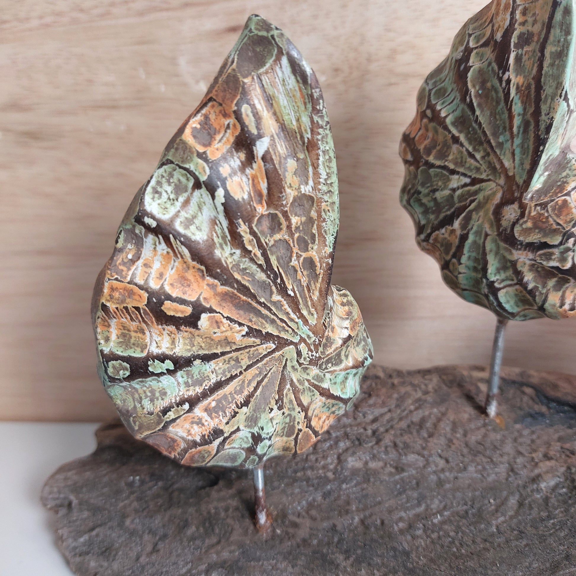 Decorative shell-shaped objects with intricate patterns on a wooden surface